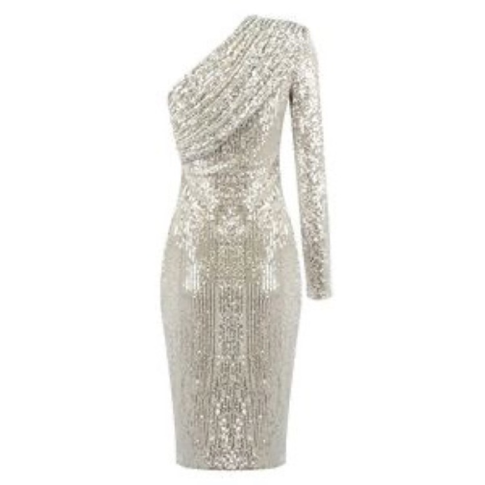 Jluxlabel silver lure gathered one shoulder dress
